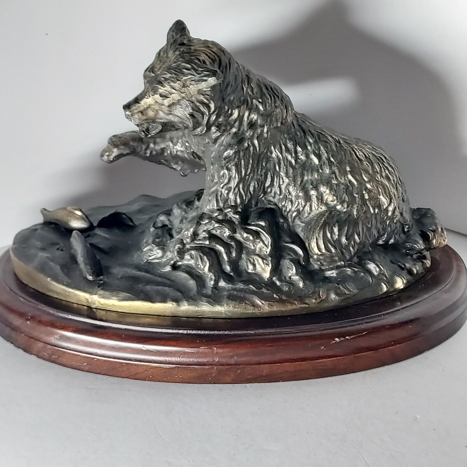 Terrell O'Brien Bronze Sculpture of Grizzly Bear Fishing Salmon, Signed