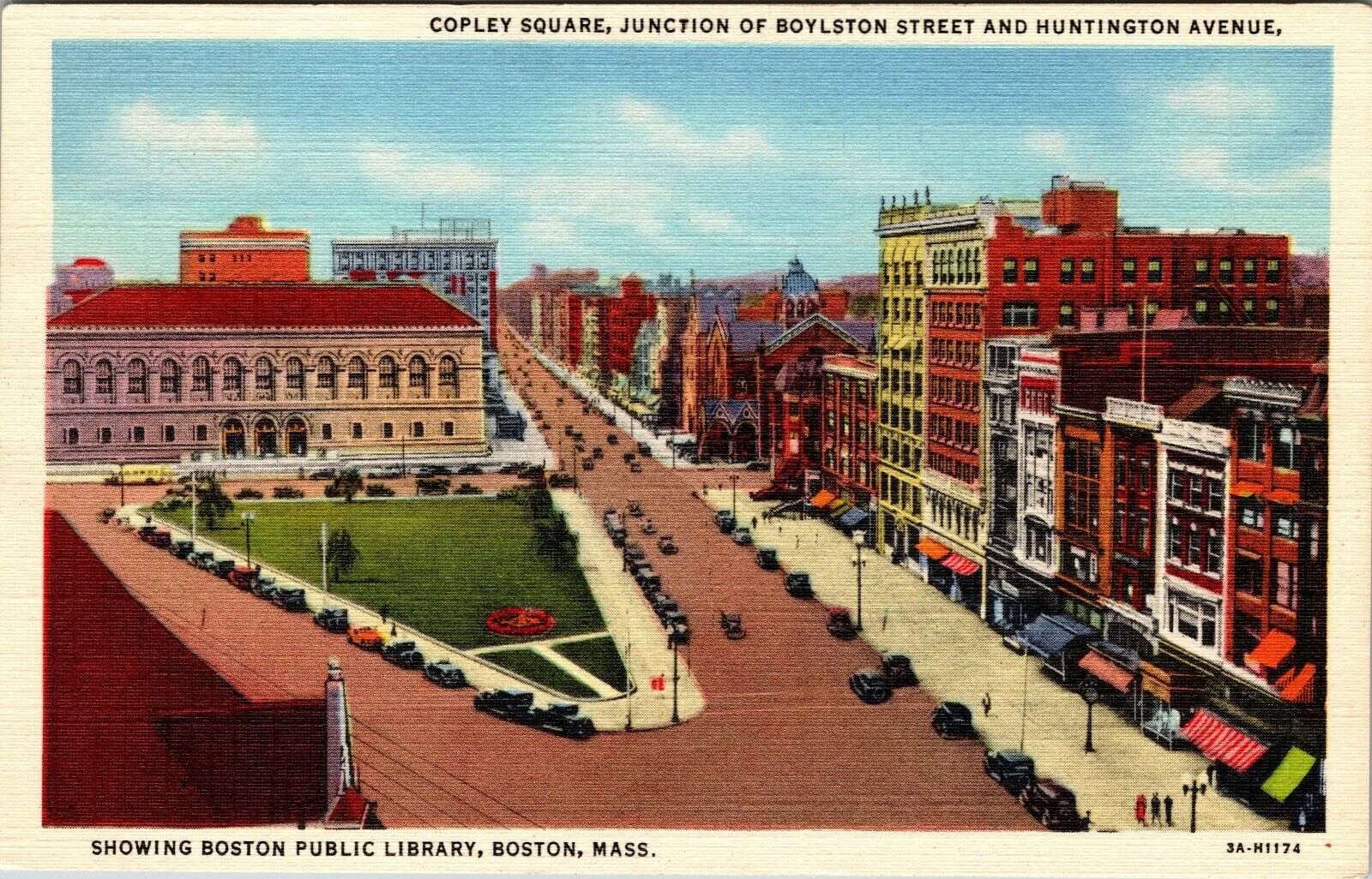 Vintage Postcard Boston Public Library Copley Square Street Scene Massachusetts