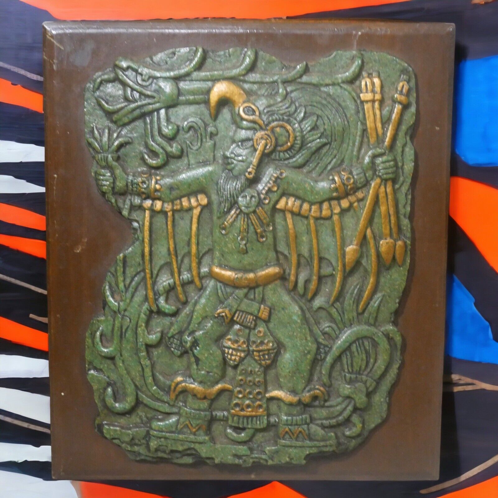 1970’s Mexican El Arte Azteca Crushed Malachite Aztec Warrior Motif Plaque