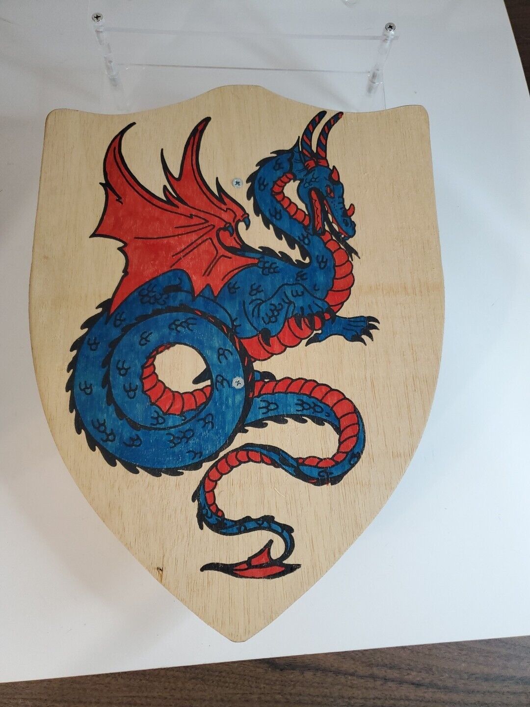 Vintage Wood Shield Art Hand Made Blue Dragon Renaissance Fair Knight 16\