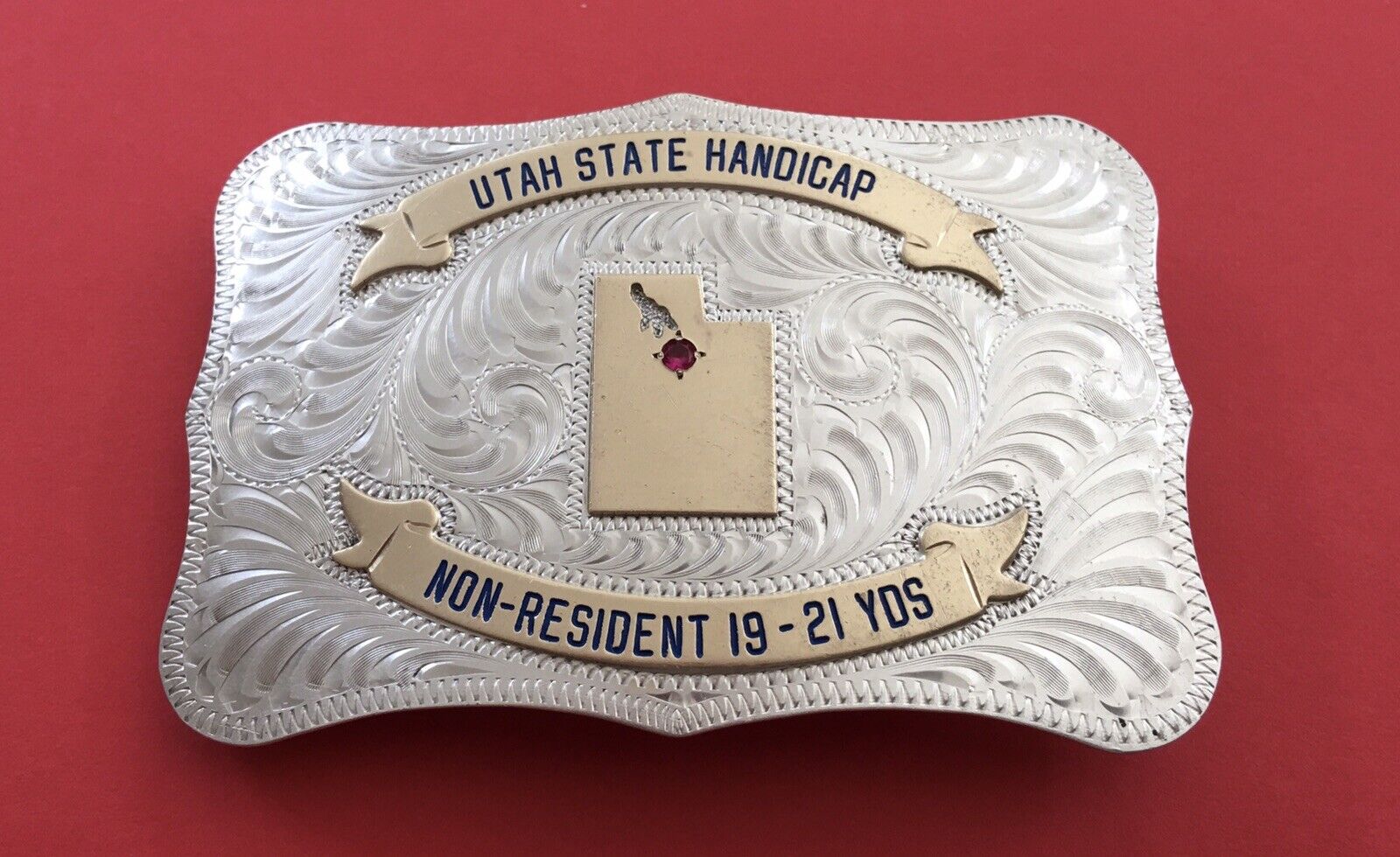 Vintage Utah State Handicap CUST M BILT Sterling Face & Gem Trophy Belt Buckle