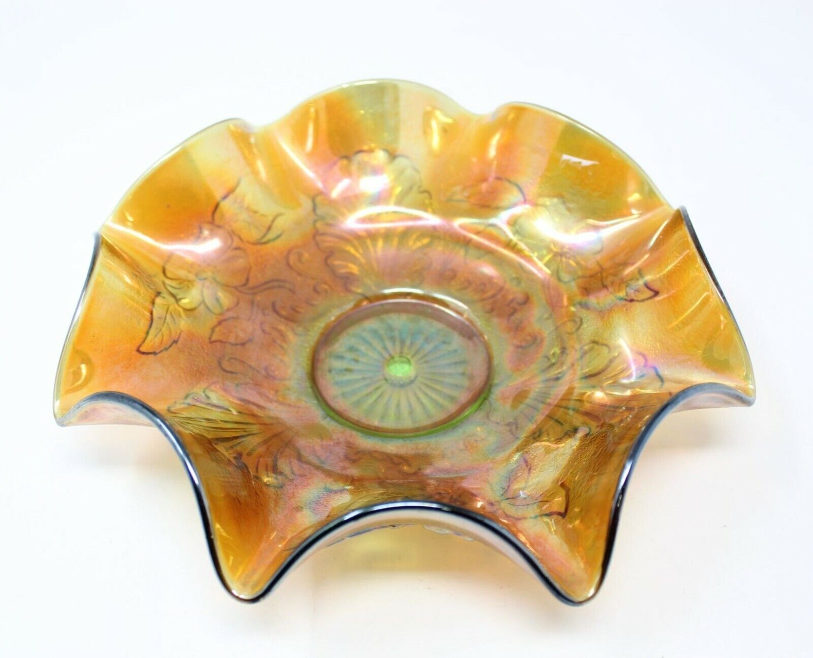 NORTHWOOD GREEN CARNIVAL GLASS BOWL BLOSSOM & PALM MARKED