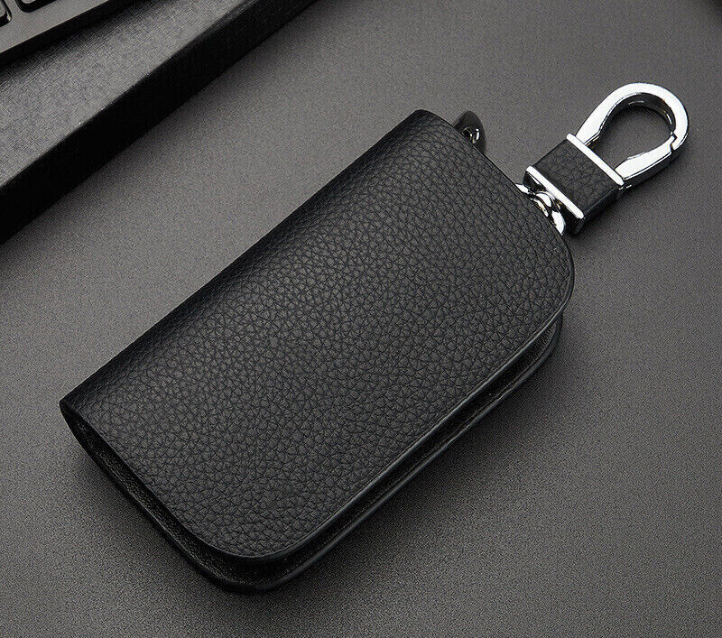 2pcs Car Key Holder Cover Key Chain Bag Genuine Leather Remote Fob Zipper Case