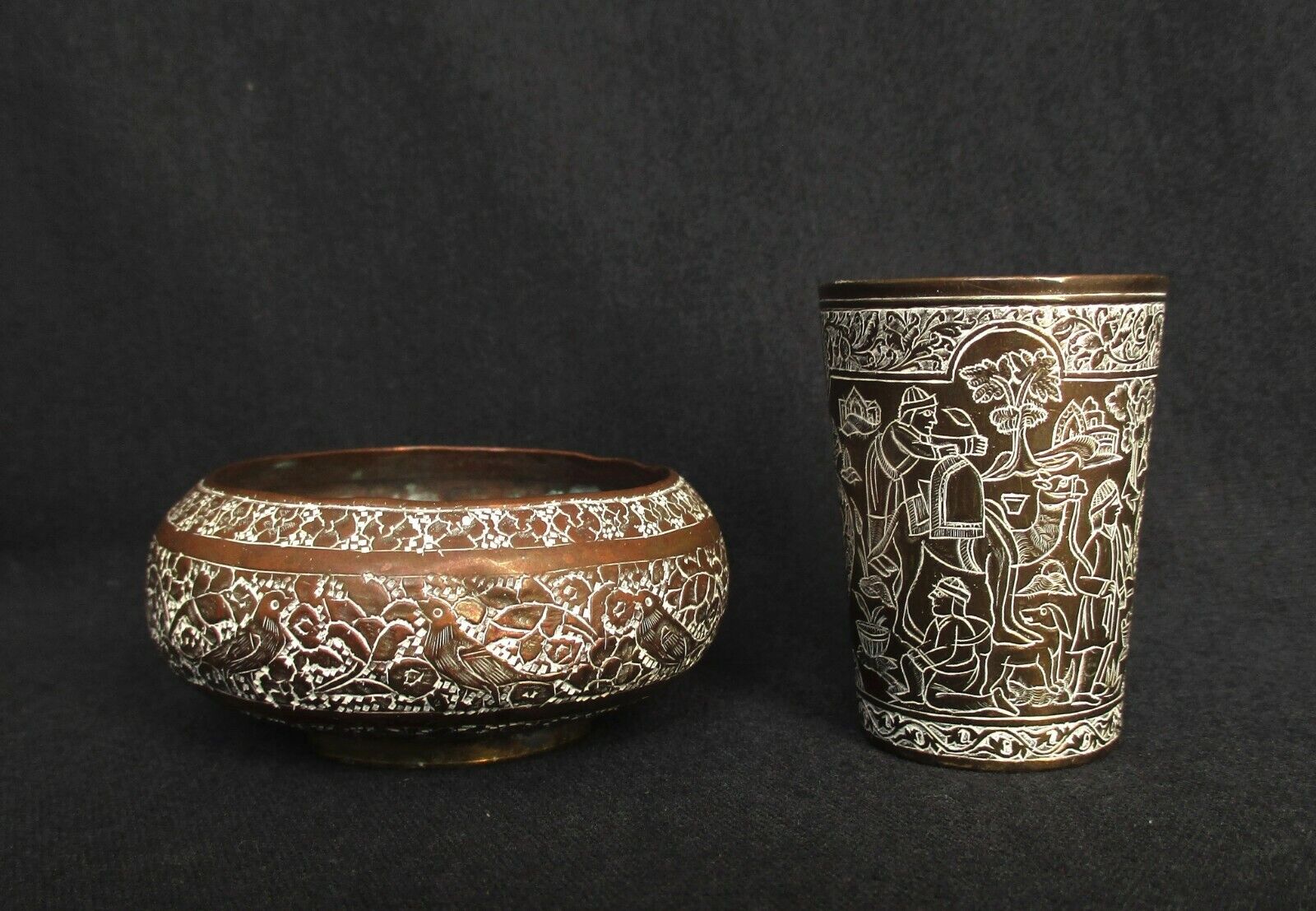 Vintage Israel - Old Mini Bowl & Cup with Miniature Decoration in Etching