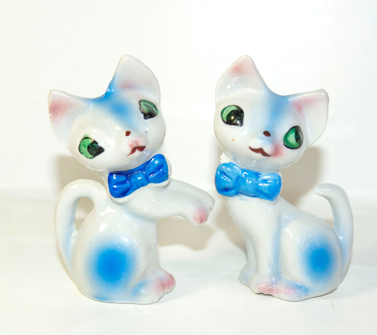 2 Vintage Anthropomorphic Cat Figurines White Blue Bows Kitsch Hand Painted