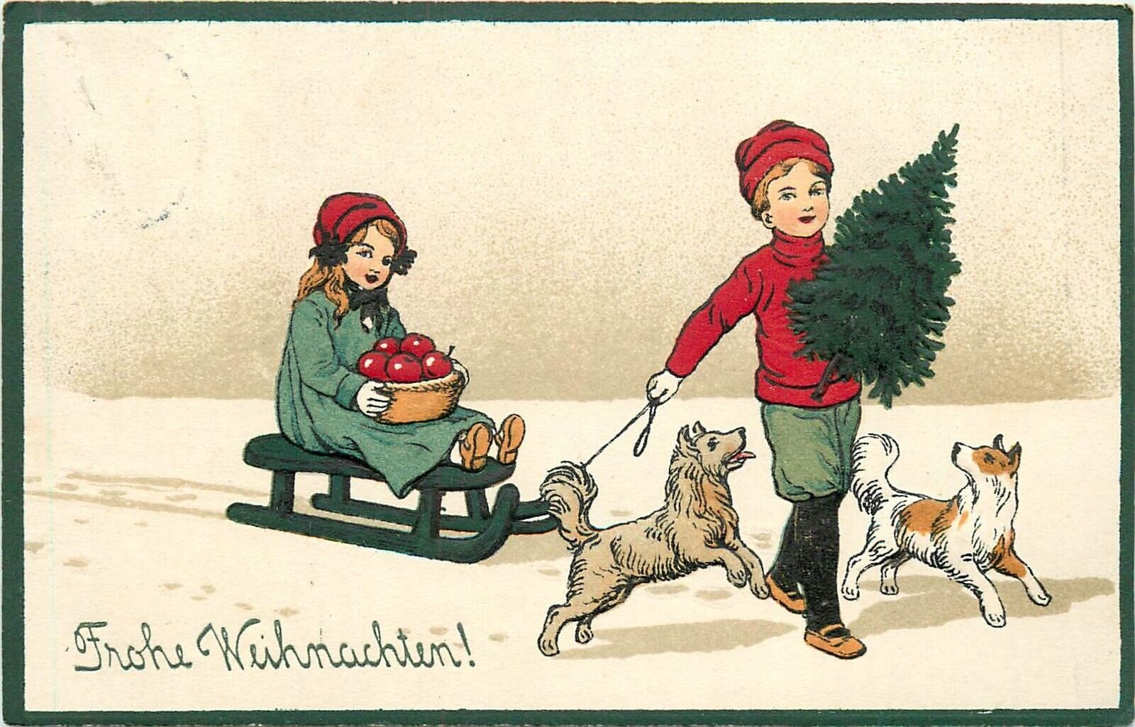 Postcard C-1910 Christmas Tree Children dog sled Holiday TP24-829