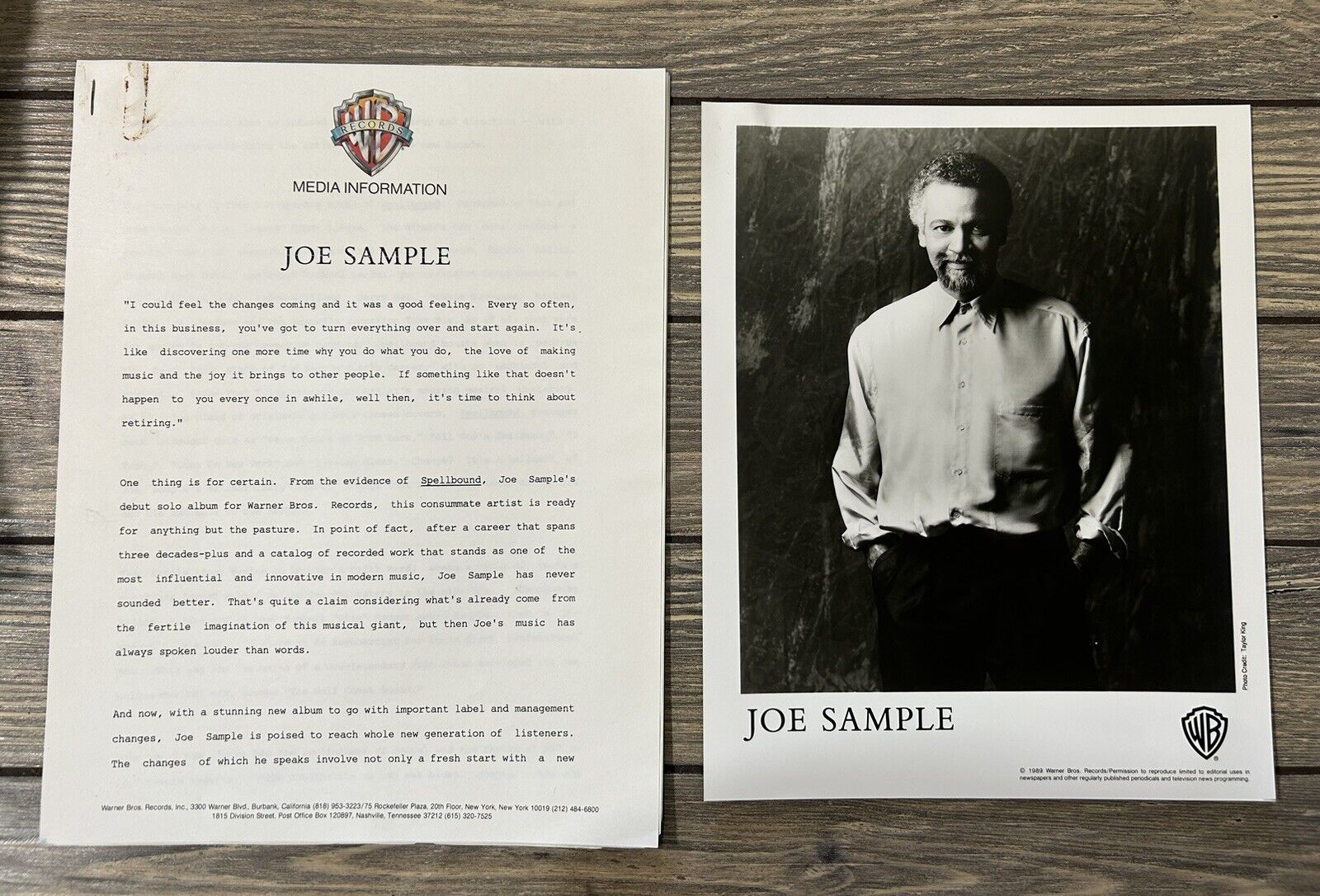 Vintage 1989 Joe Sample Press Release Photo And Paper Warner Bros Records