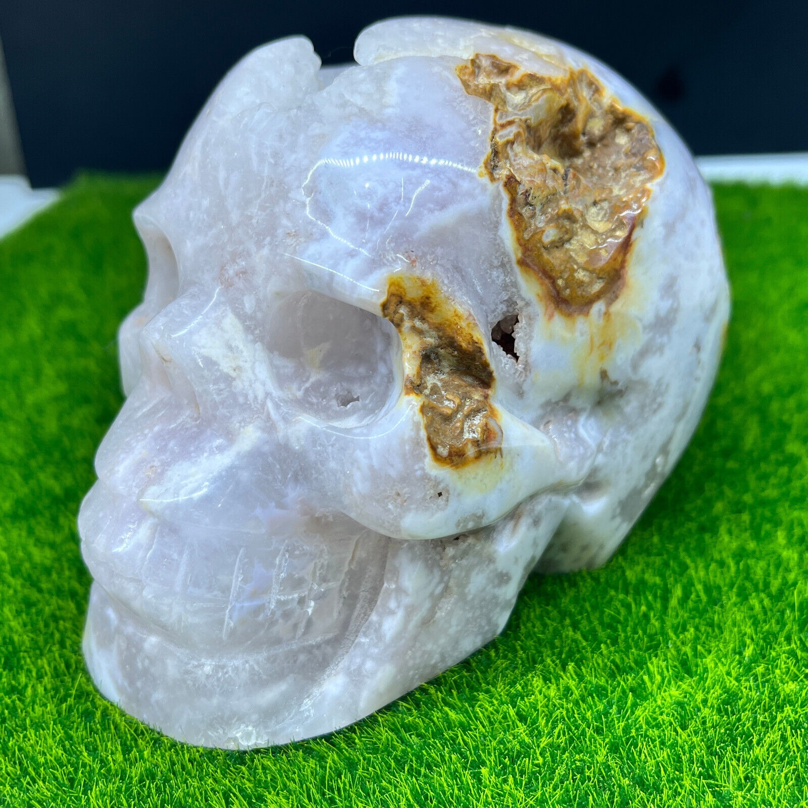 2.63lb Natural Geode Agate Quartz Carved Skull Crystal Reiki Healing Gem Decor