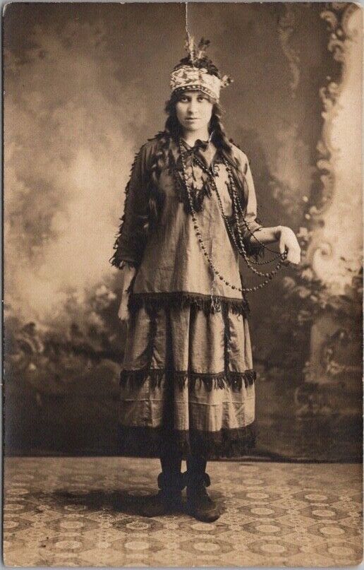 1916 Studio Photo RPPC Postcard White Girl in Indian Costume / 
