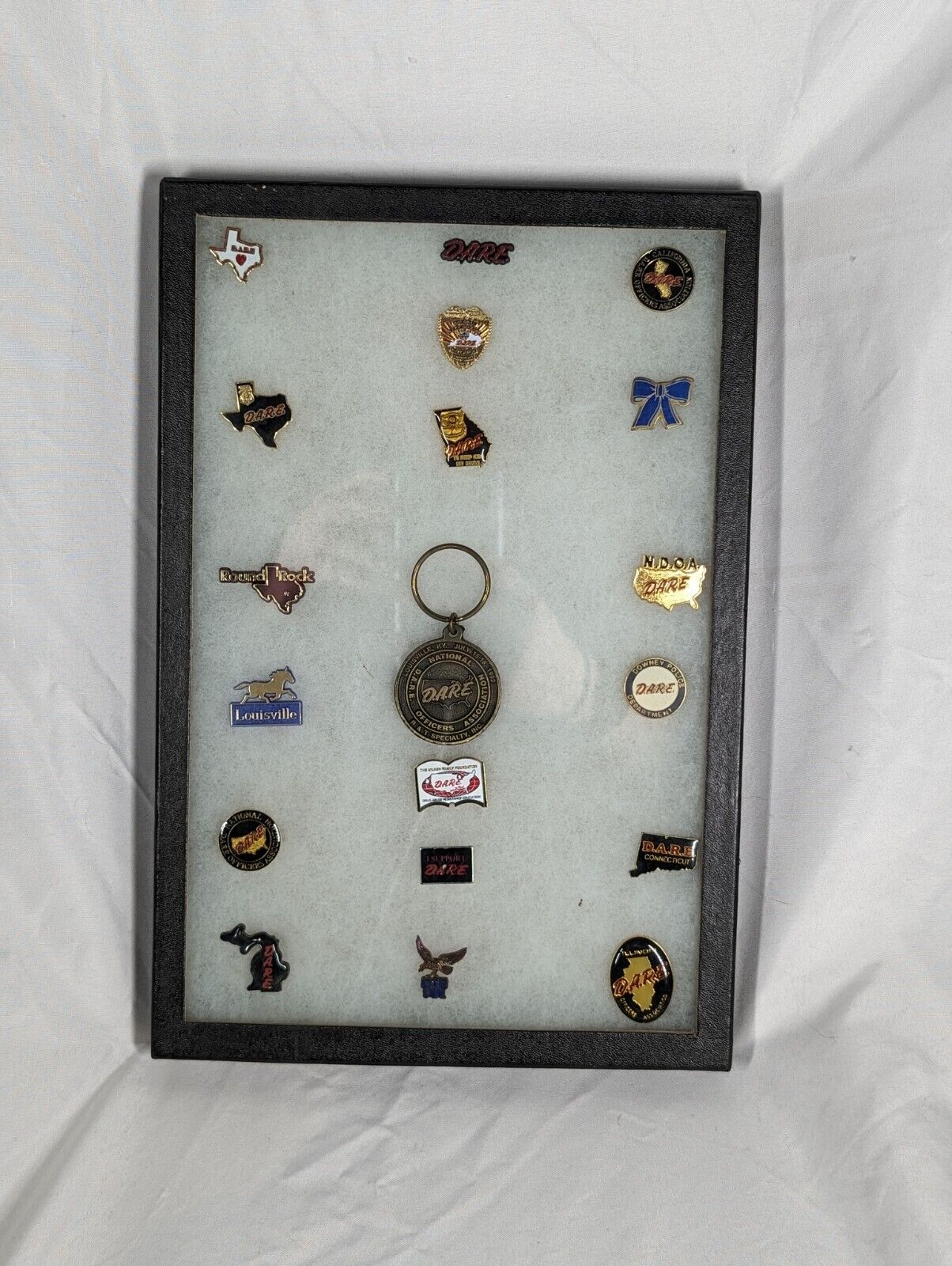 Vintage D.A.R.E Lot 18 Pins And Keychain With Shadow Box Case