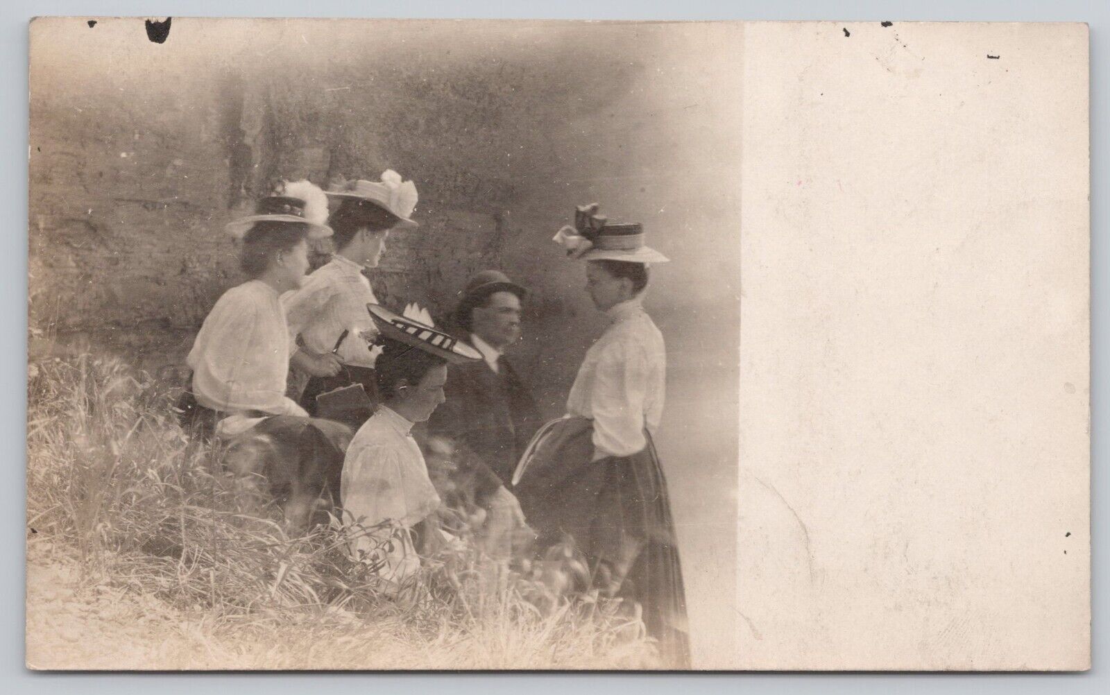 Postcard Man with Four Women in Fancy Hats & Clothes Vintage RPPC
