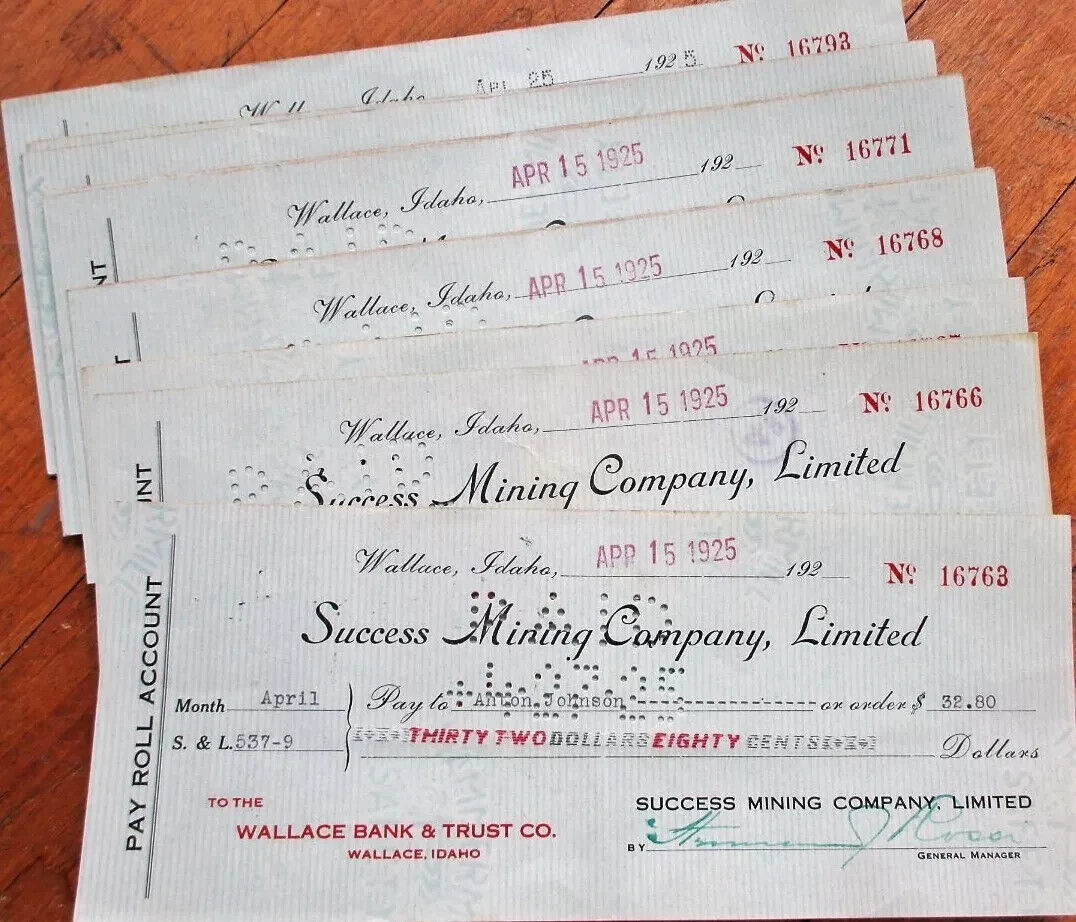 Success Mining Company, Ltd. 1920s Check Lot of 100 Pieces, Wallace, ID Idaho