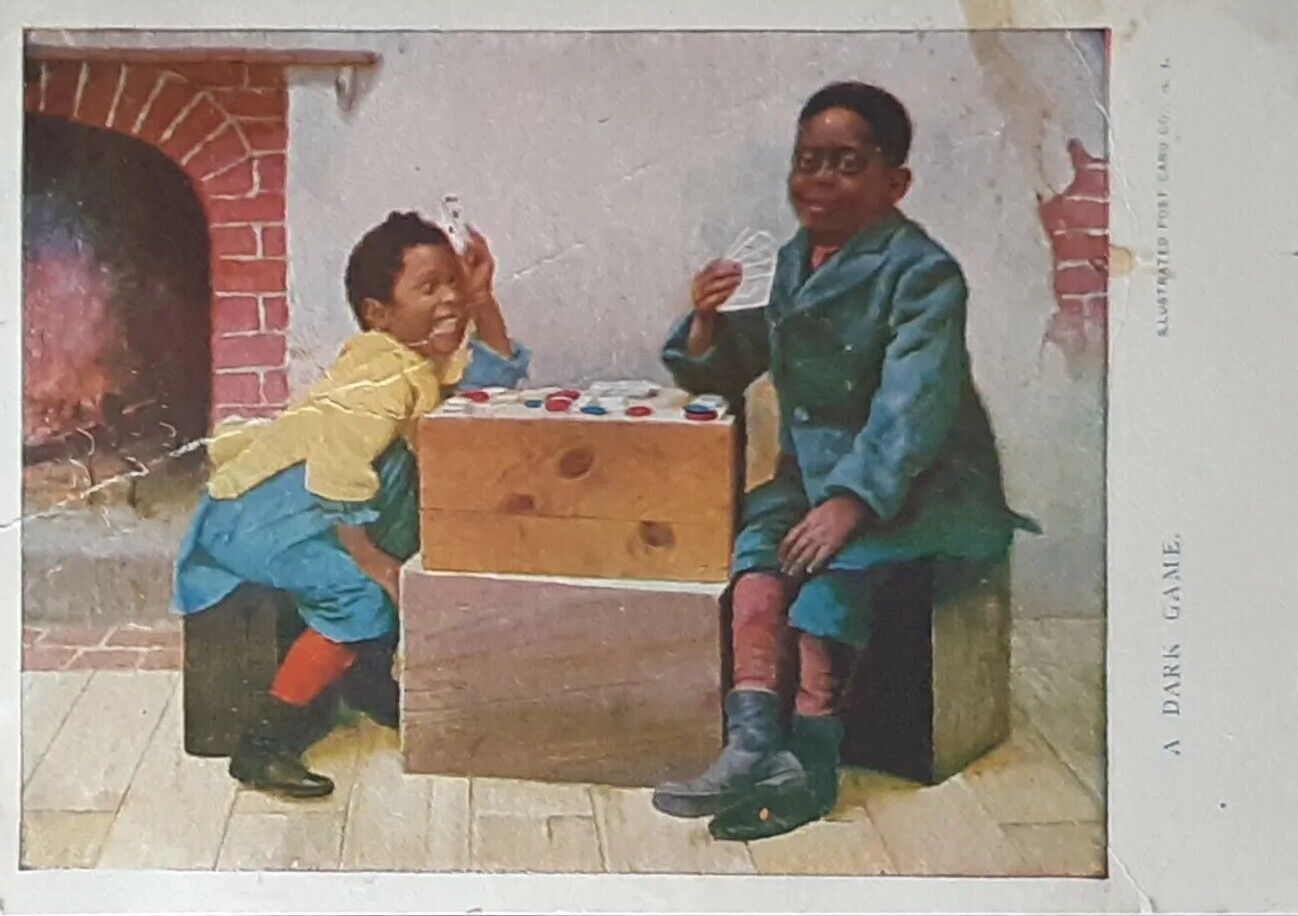 Two African American Kids Playing Poker Card Game - Antique Postcard