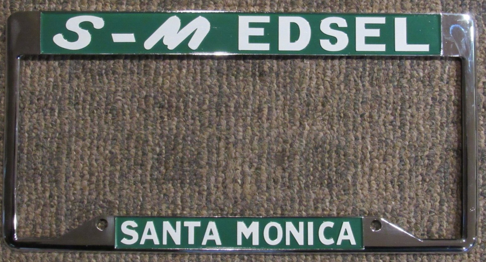 NEW Santa Monica S-M Edsel License Plate Frame Embossed Metal Deco Cool Chrome