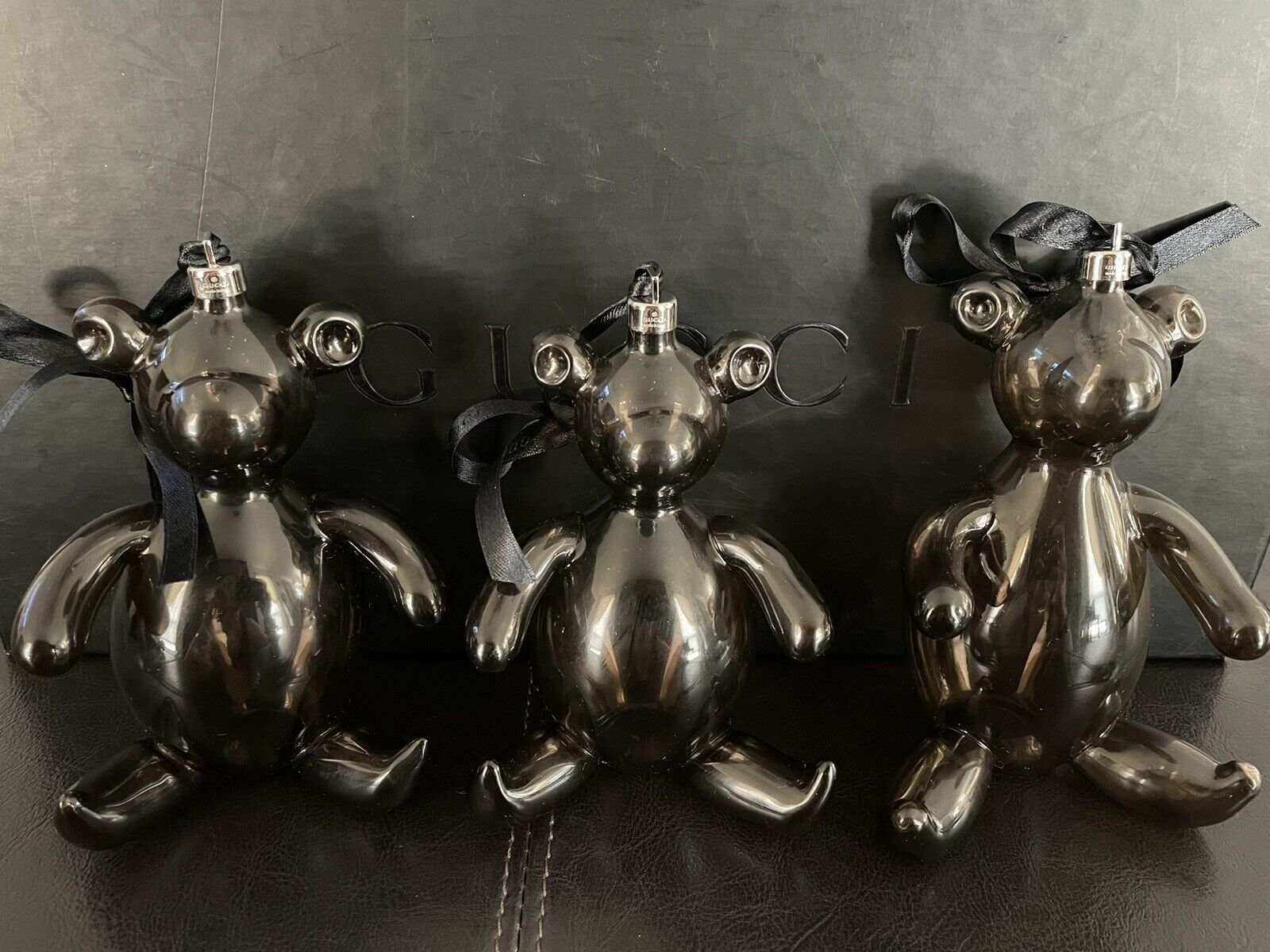 Three Gucci Black Glass Bear Ornaments from Tom Ford Era