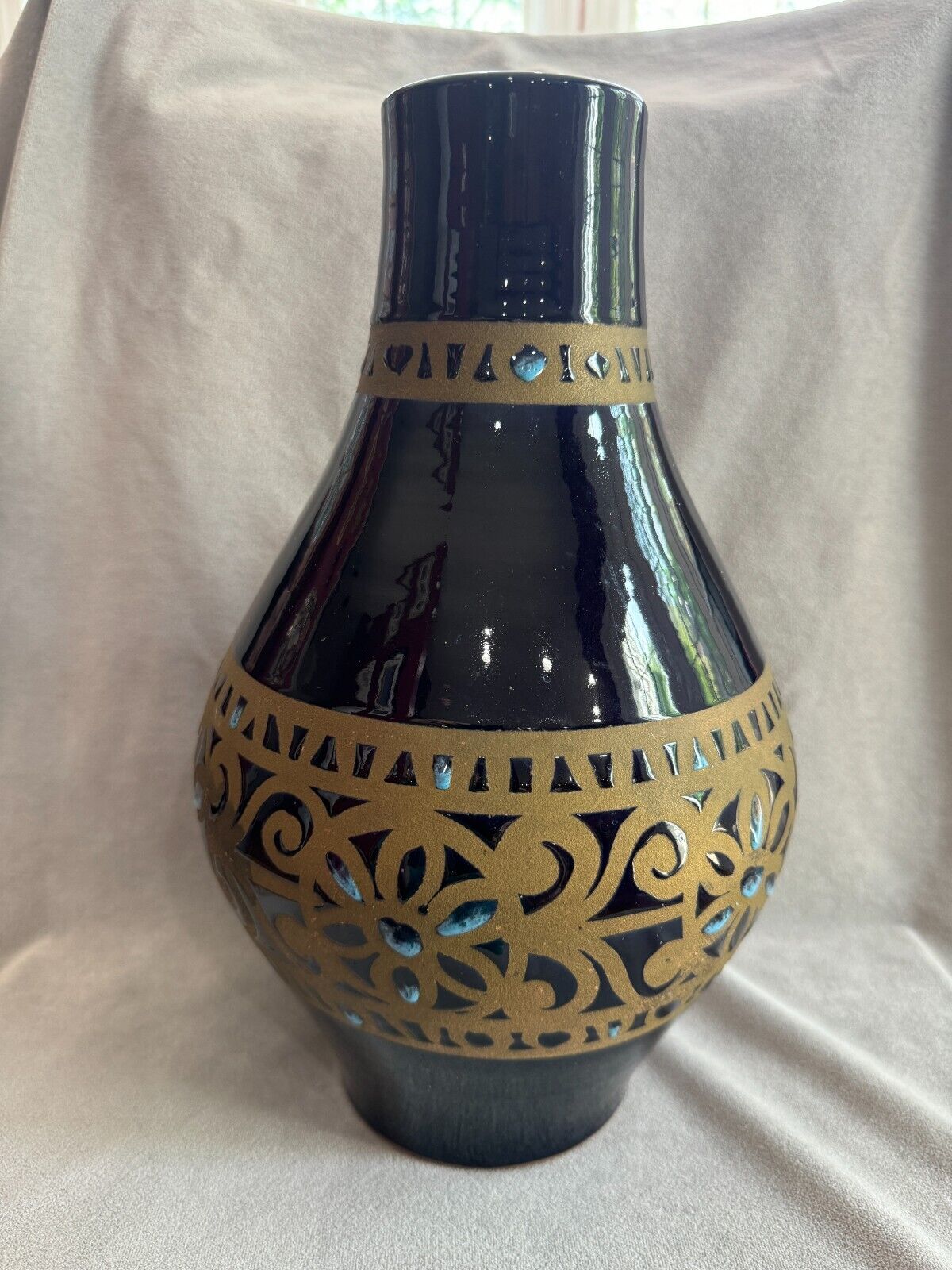 Vintage Mid Century Modern Geo Floral Lava Glaze Ceramic Floor Vase