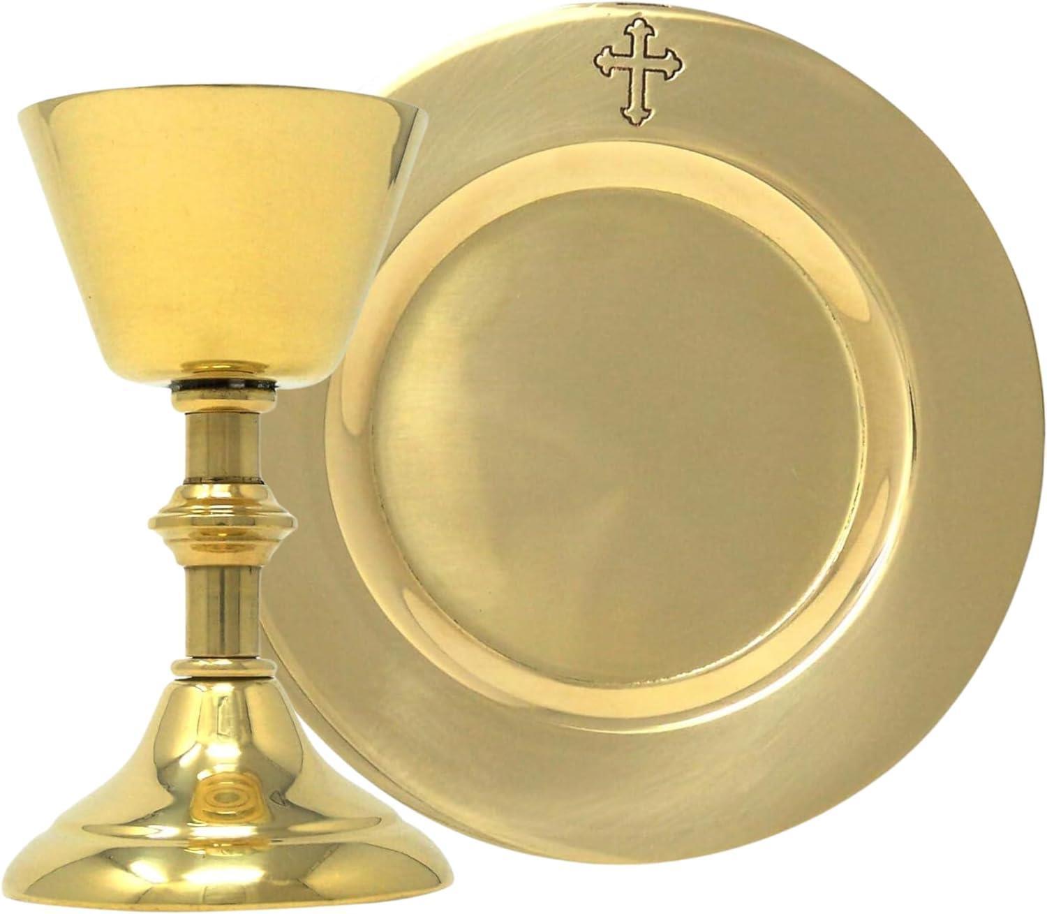 Miniature Polished Brass Chalice And Etched Paten Set for Sick Call Mass Kits