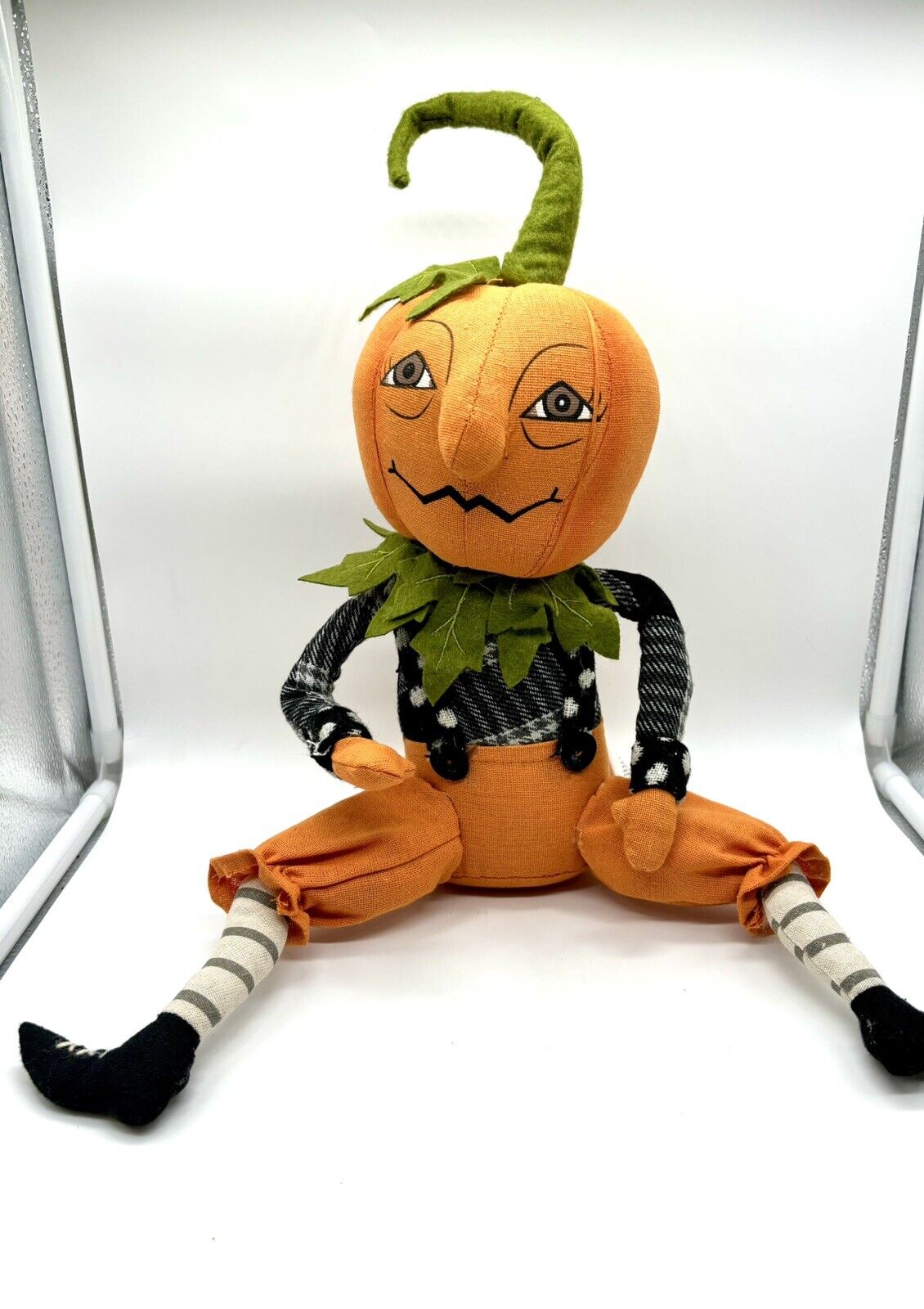 Vtg Primitive Style Pumpkin Head Shelf Sitter Doll Halloween Folk Art Decor 16”