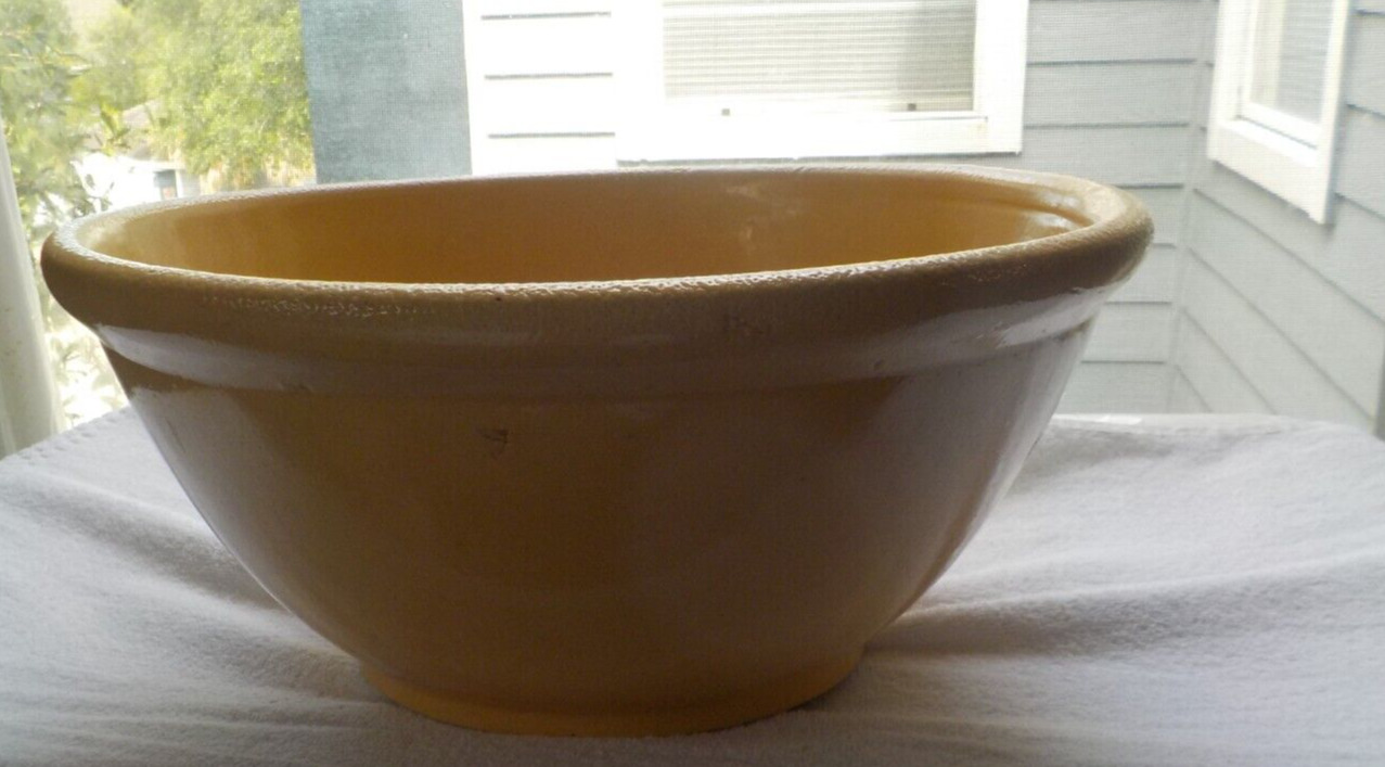 Antique Primitive 1850s Large Yellow Ware Pottery Mixing Bowl