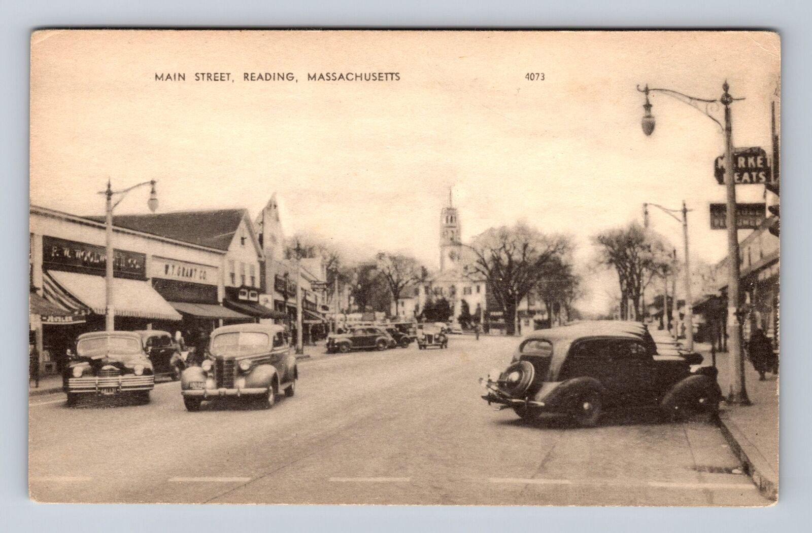 Reading MA-Massachusetts, Scenic View Of Main Street, Antique, Vintage Postcard