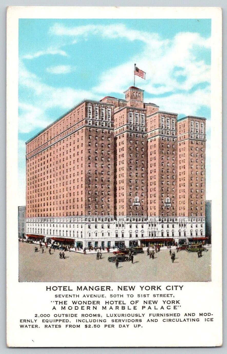 Postcard~ Hotel Manger~ Seventh Avenue, New York City, NY