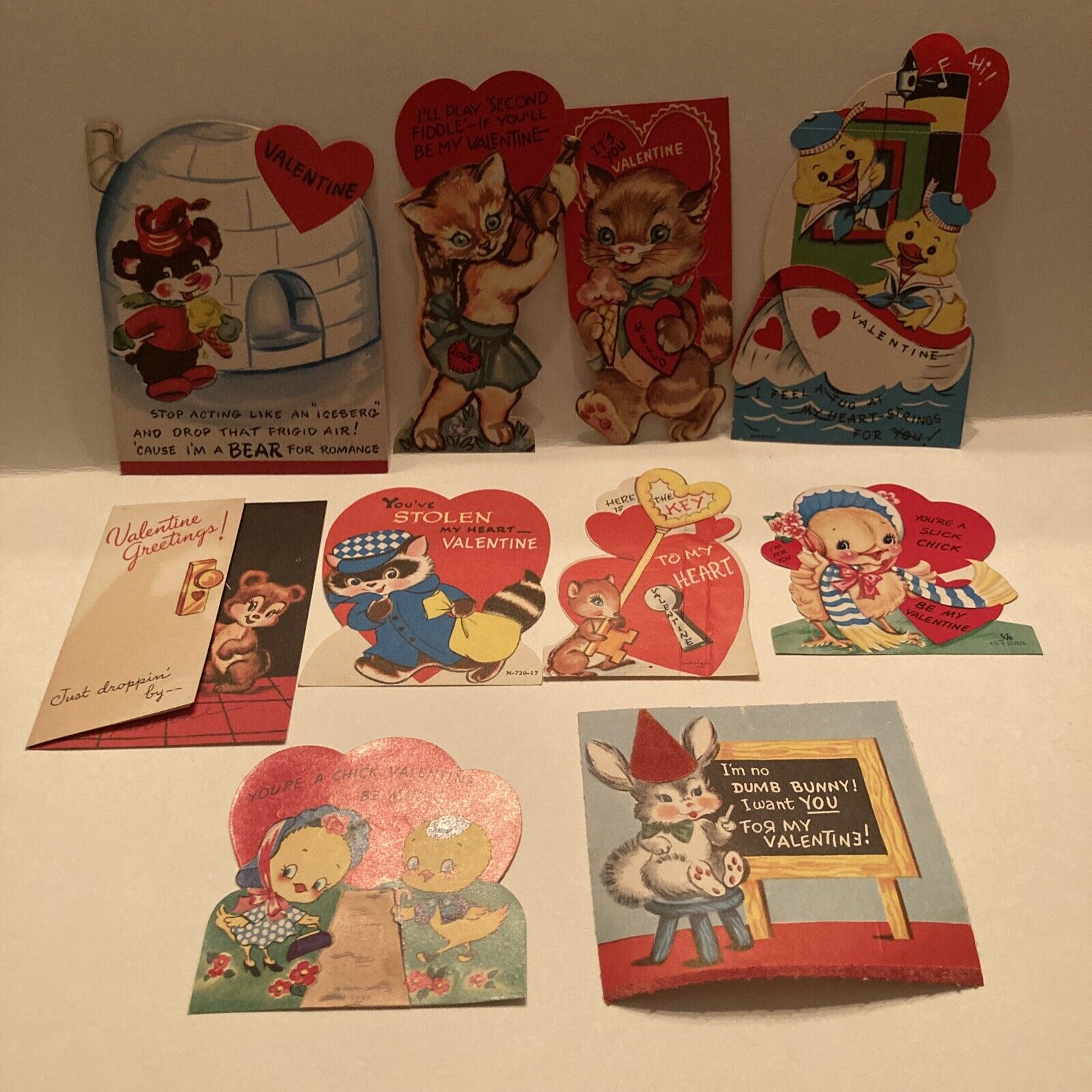 Vintage Lot of 10 Animal Valentine Cards - 1940’s-60’s