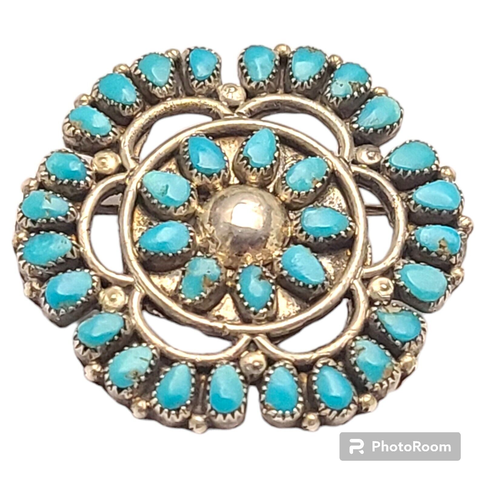 1970's Zuni Petit Point High Grade Royston Turquoise Sterling Silver Brooch
