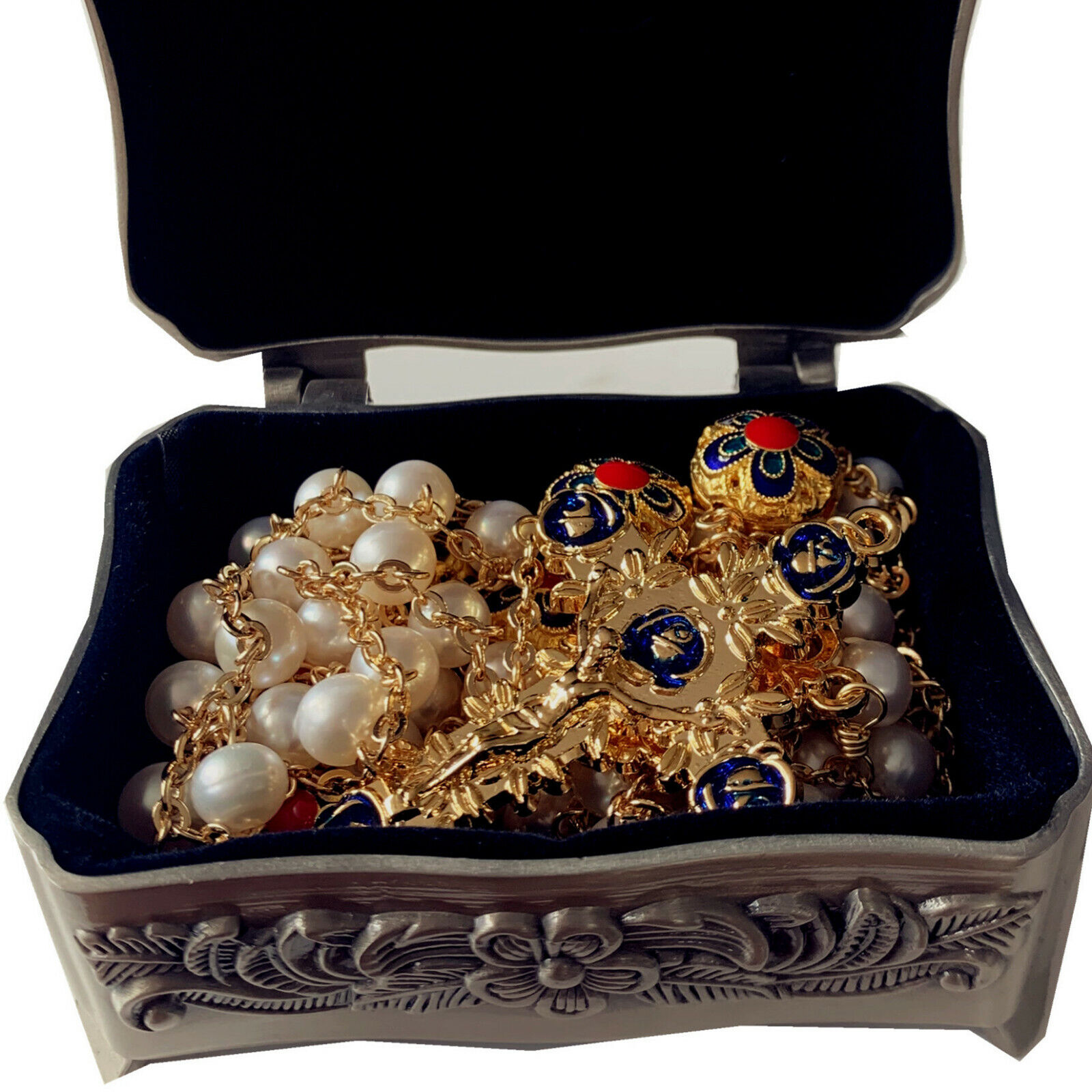 Gold Ladder to Heaven pearl & Enamel Beads Catholic Rosary crucifix gift box