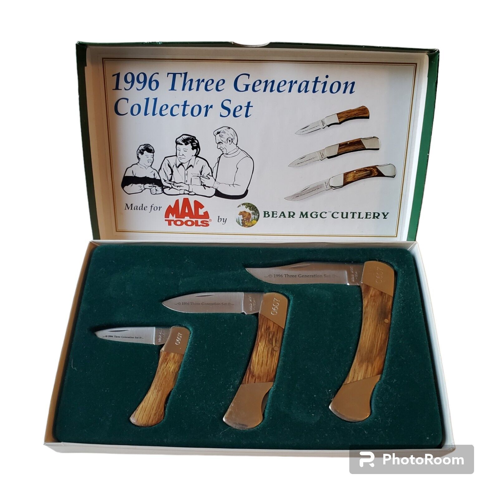 1996 Three Generation Collector set Pocket Knives Made for Mac Tools by Bear MGC