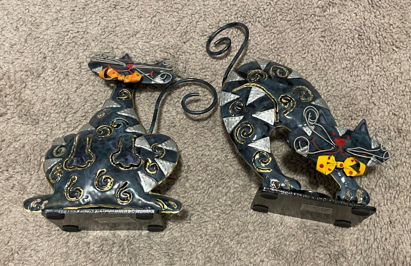 Pair of Modern Whimsical Cat Candle Holders Metal Enameled