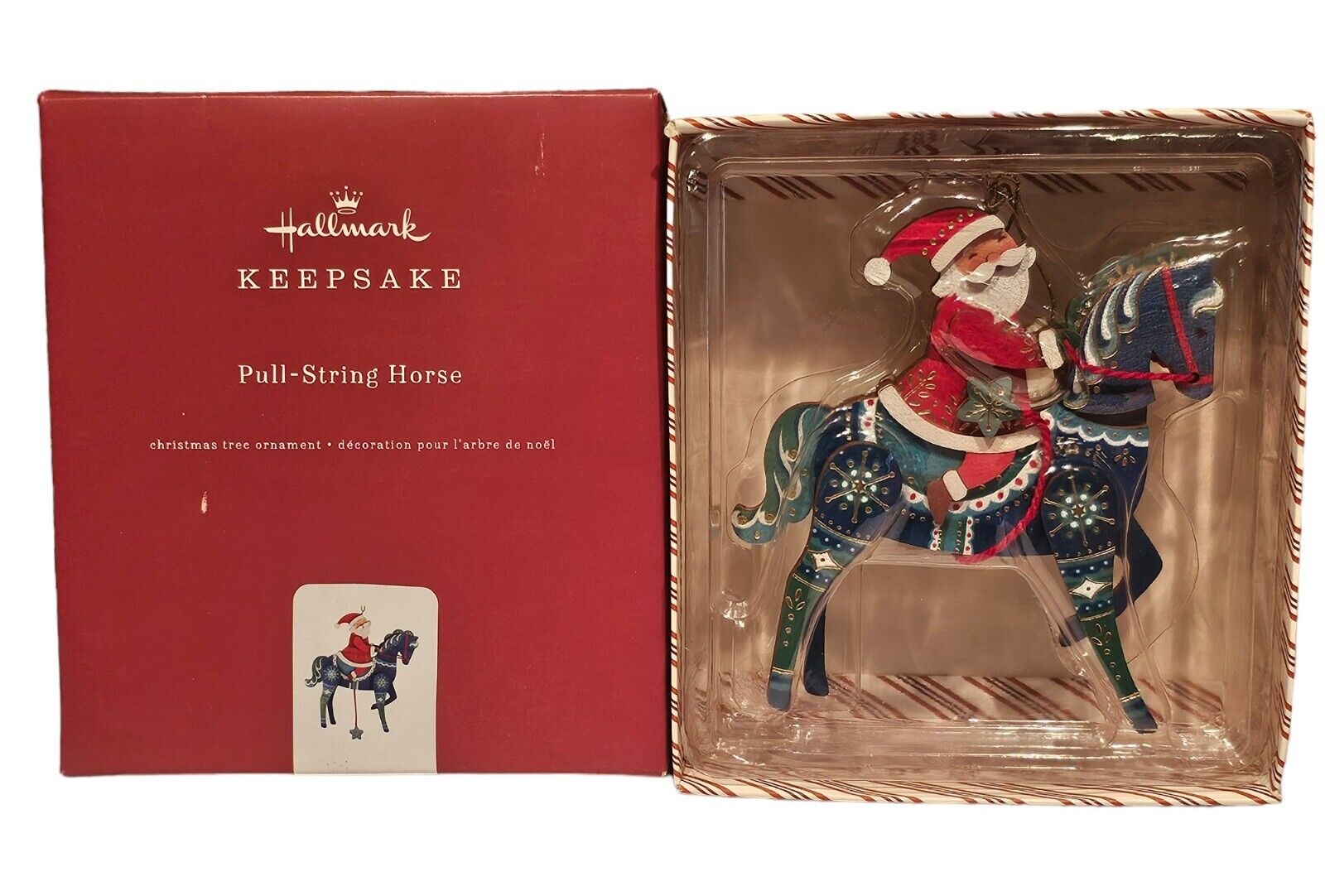 Rare 2019 Hallmark Keepsake Premium Pull-String Horse with Santa Wooden Ornament