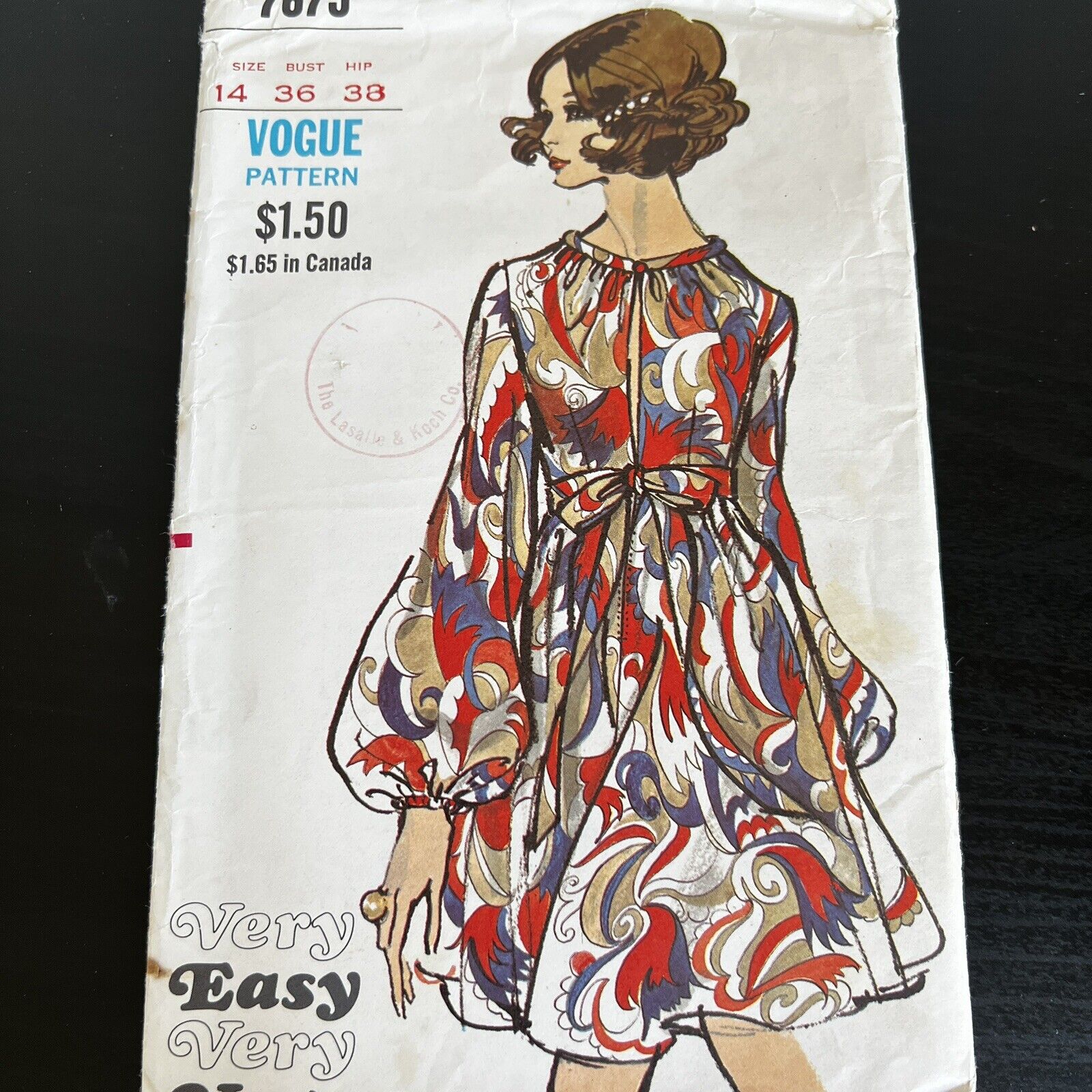 Vintage 1960s Vogue 7675 High Waisted Front Opening Dress Sewing Pattern 14 CUT