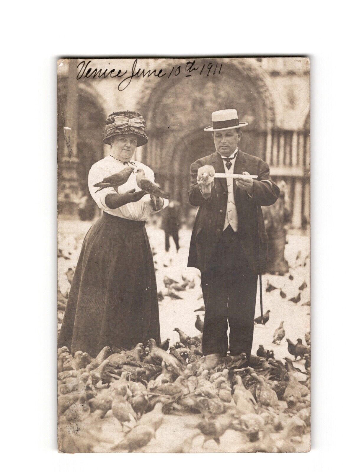 RPPC Vintage Postcard 1911 Venice Italy St. Mark's Square Pigeons Mailed to NYC
