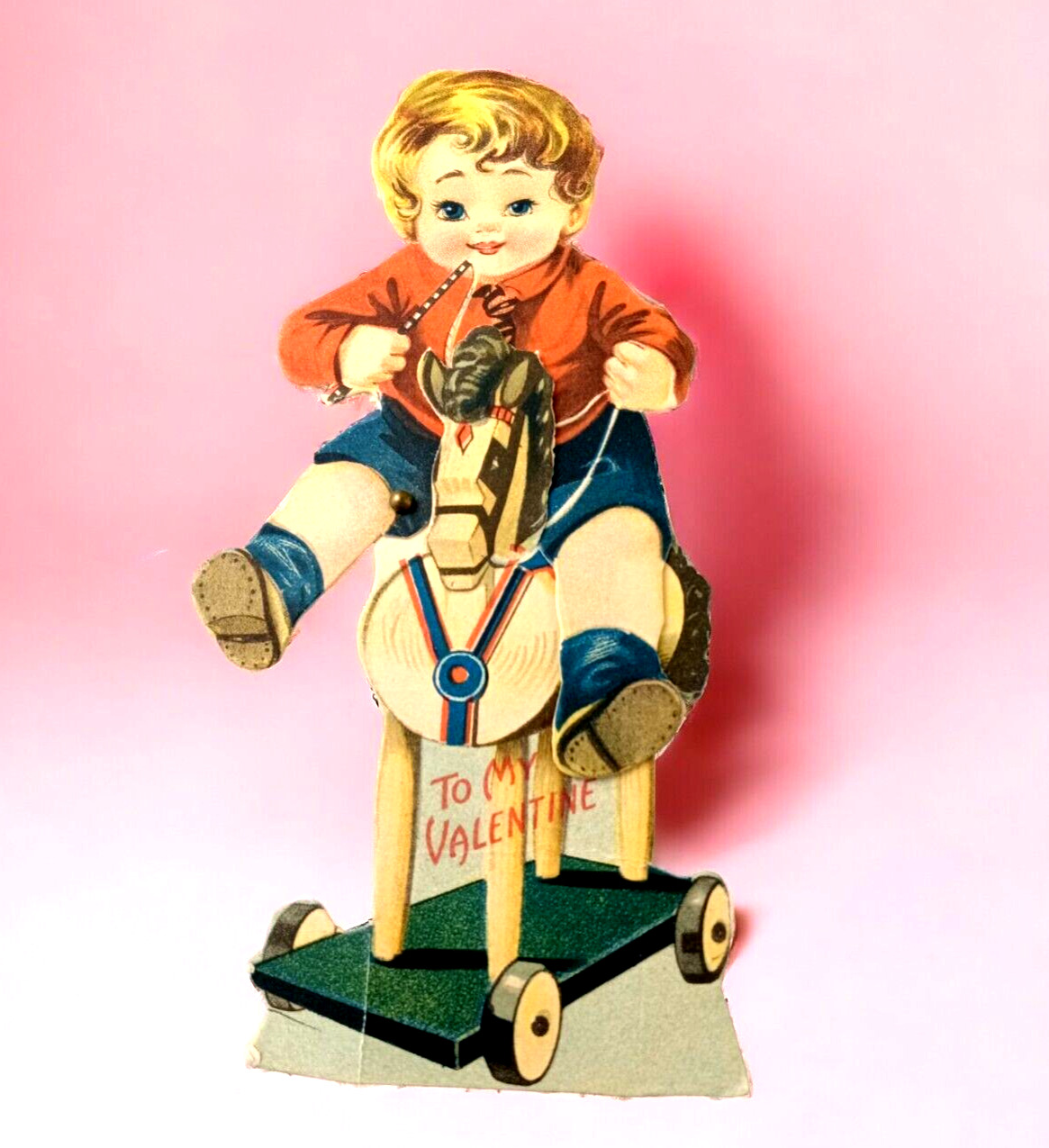 Vintage Antique Mechanical Valentines Day Card Boy Child on Hobbie Horse USA