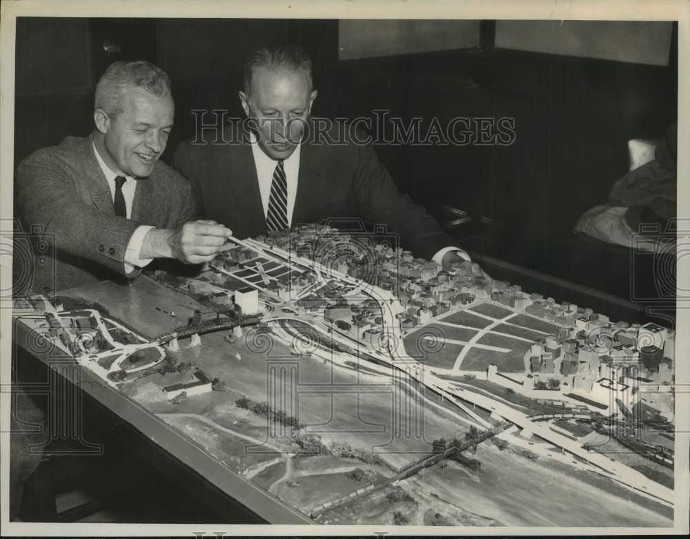 1958 Press Photo John W. Johnson & Mayor Erastus Corning study Albany, NY model