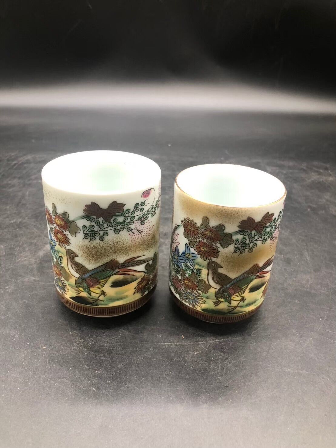 Kutani ware teacup pair vintage hand-painted