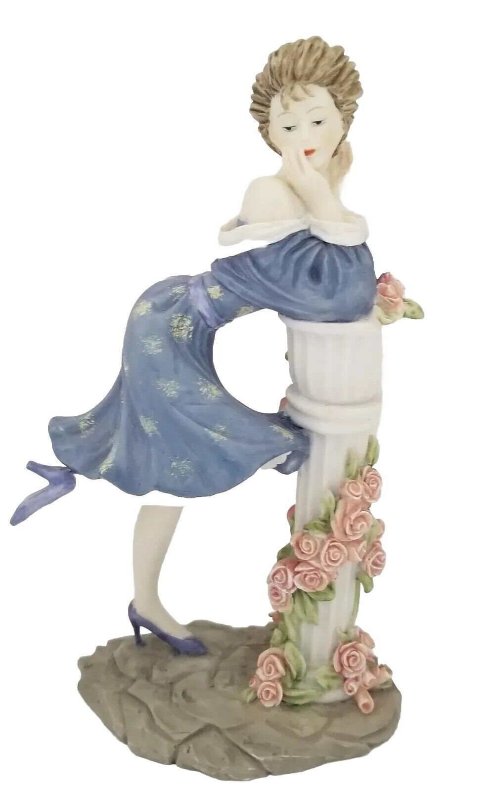  Woman Lady Dress up High Heels leaning on Floral decorat Pole Figurine Ceremic 