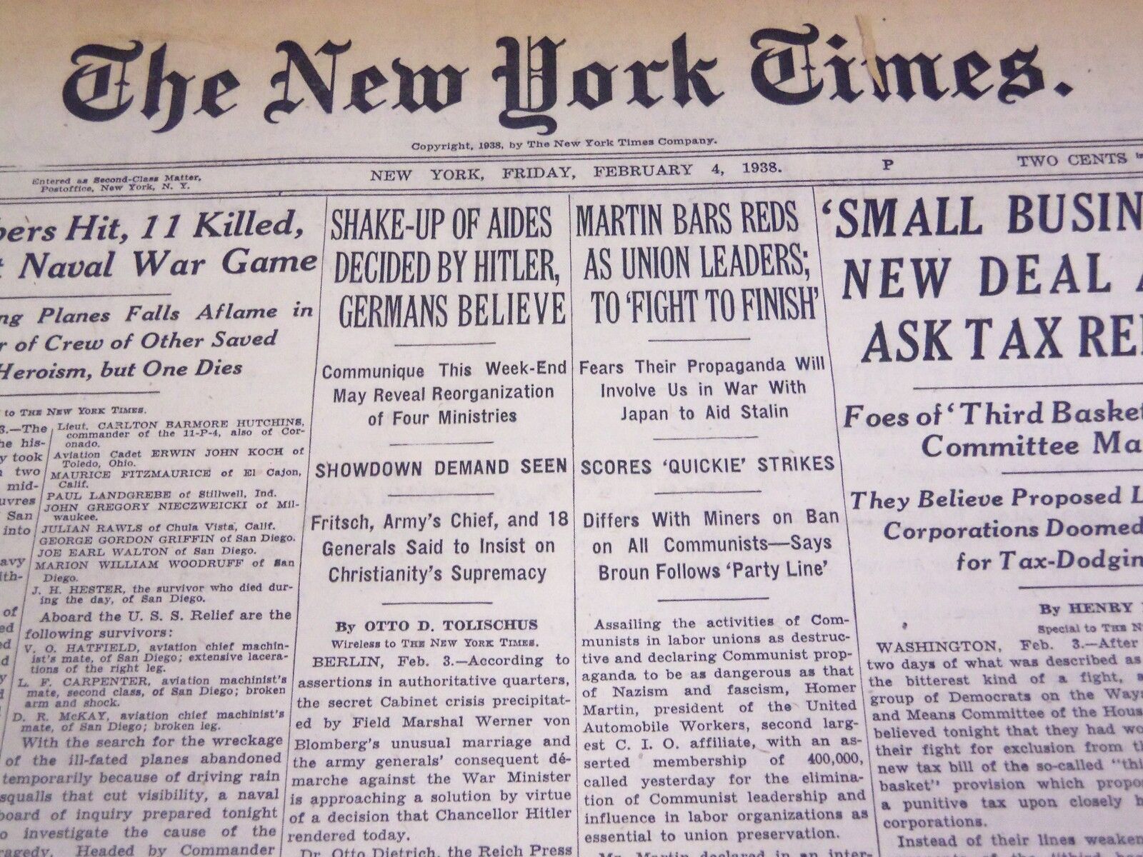 1937 FEB 4 NEW YORK TIMES - SHAKE-UP ON AIDES DECIDED BY HITLER GERMANS - NT 736