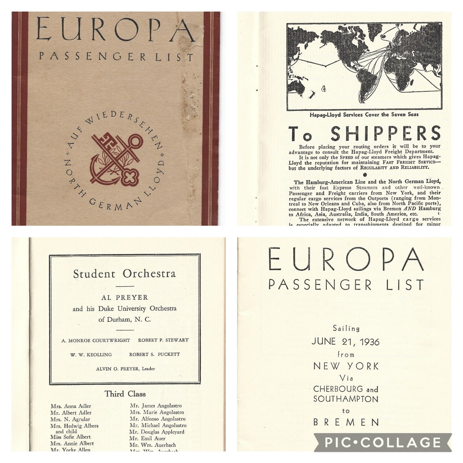 Vintage 1936 S.S. Europa PASSENGER LIST From NYC New York City to Bremen Germany