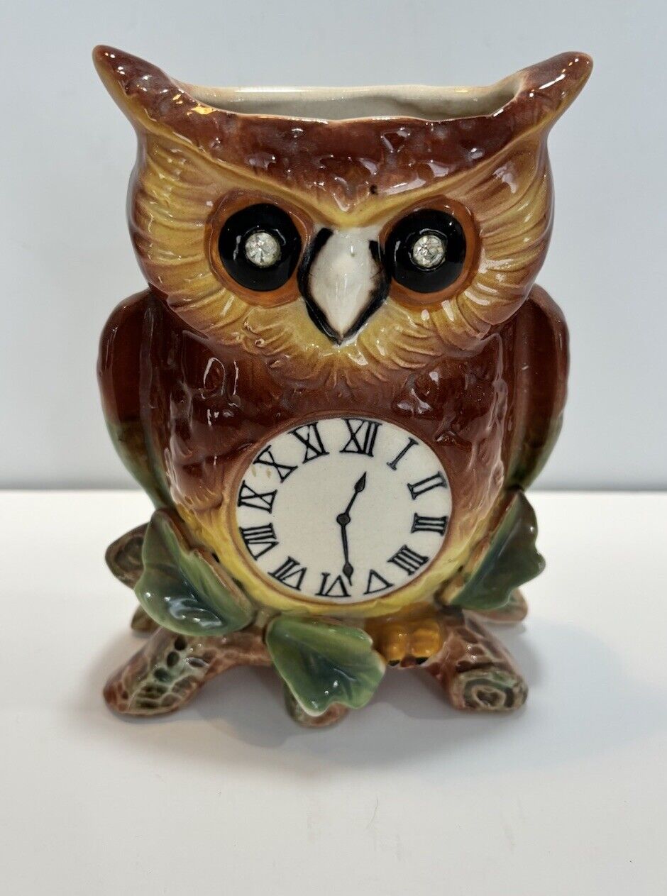 Vintage Napco Owl Clock Wall Pocket Rhinestone Eyes Ceramic Brown Tabletop 6.5\