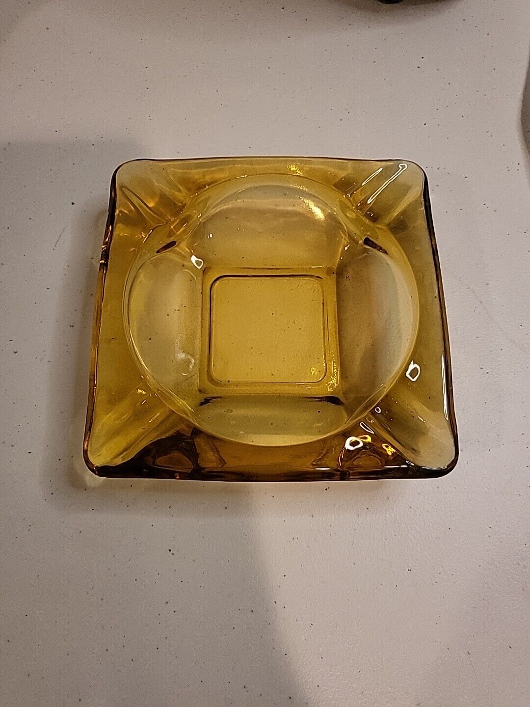 Vintage 1970’s Square Golden Amber Glass Cigar Ashtray~ 5.75”