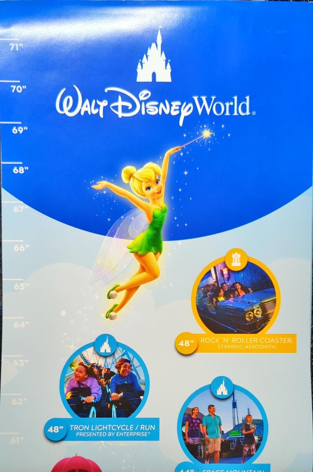 Walt Disney World Ride Height Requirements Poster and Growth Chart 6 ft