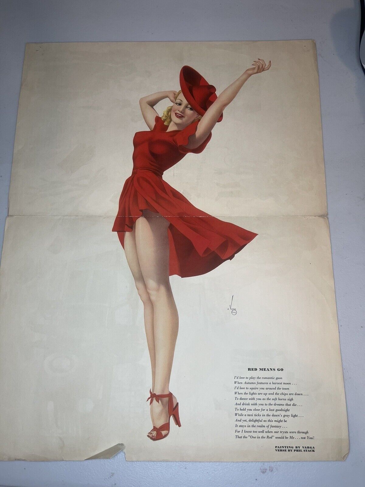 Vintage 1941 magazine Pin Up print by ALBERTO VARGAS, matted, Varga, red dress