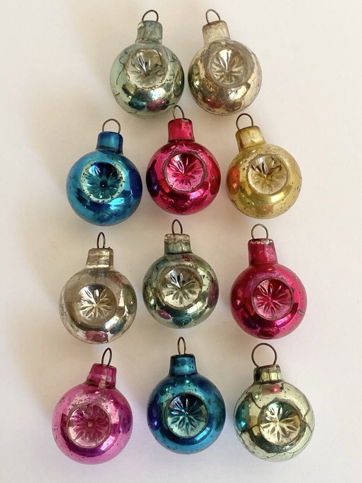Lot of 11 Vintage Indent Mini Mercury Glass Christmas Feather Tree Ornaments