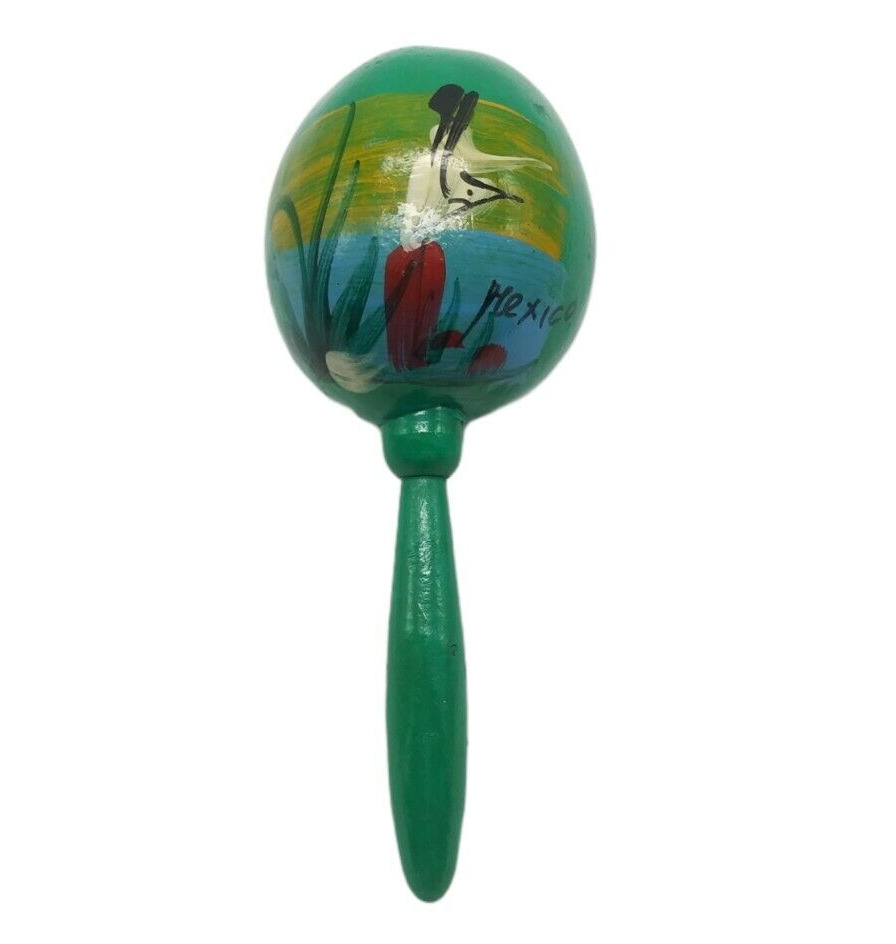 Vintage Mexican Maraca Rattle Hand Painted Percussion Instrument Mexico Green