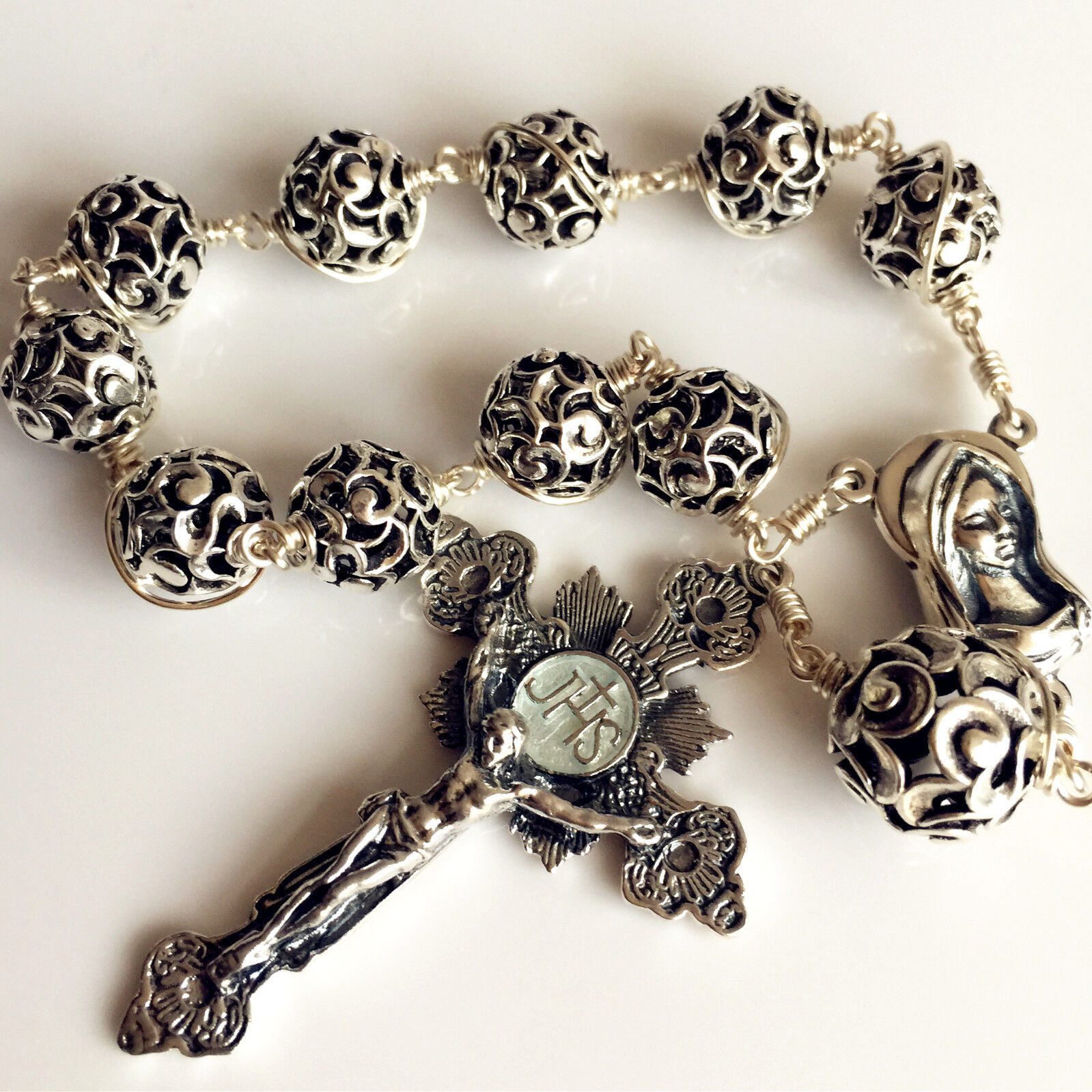 Bali Sterling Silver Beads Cross Handmade Wire Wrap one decade rosary bracelet