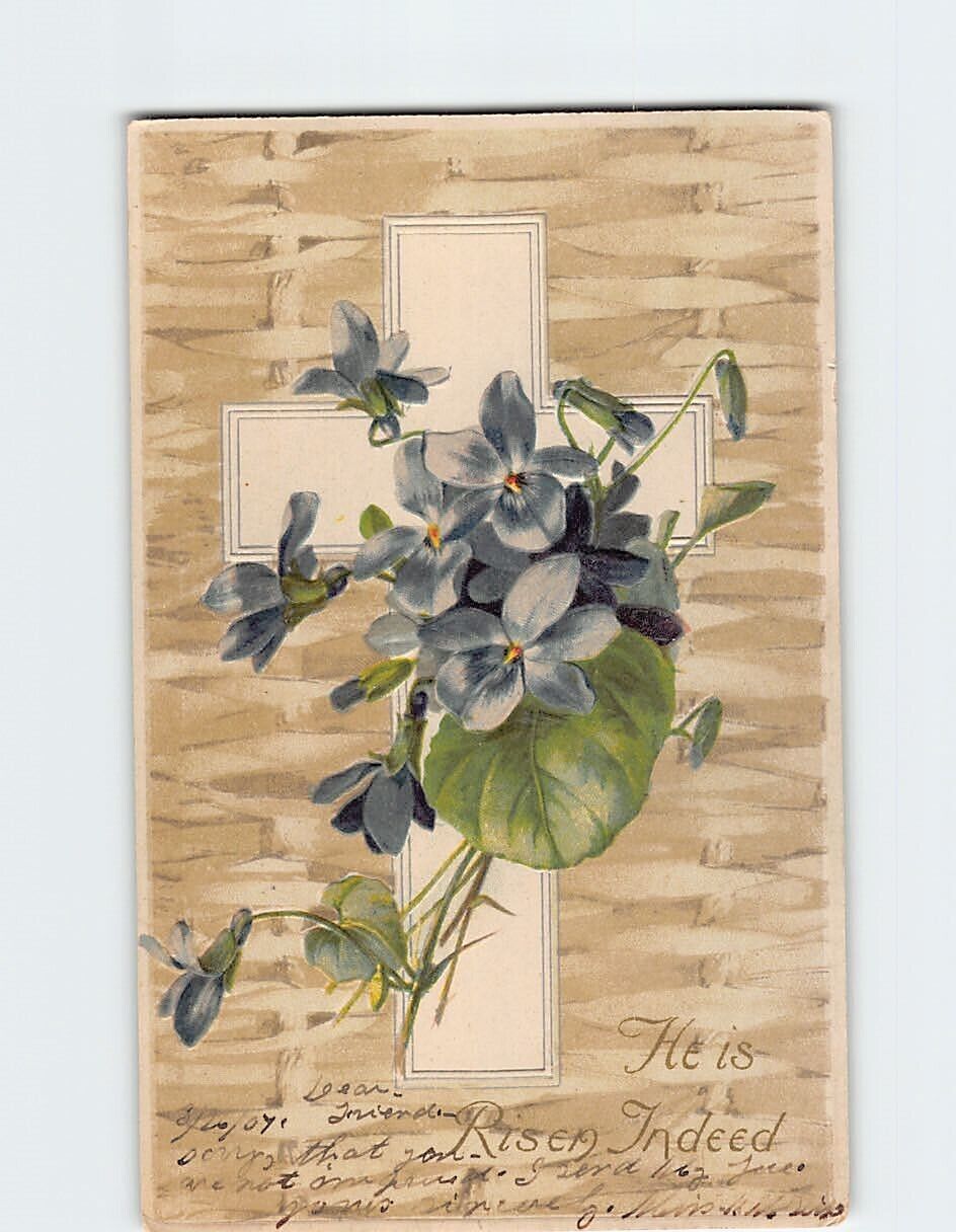 Postcard He Is Risen Indeed Cross with Flowers Art Print Easter Embossed Card
