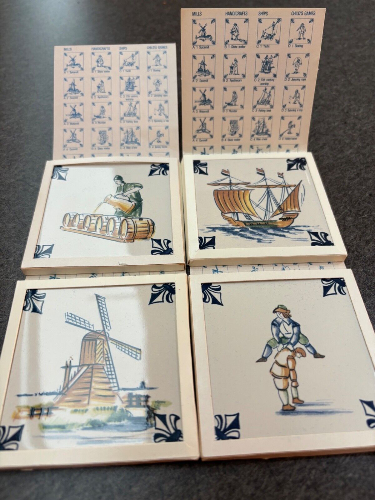 KLM Airlines Business Class 4 Vintage Delft Porcelain Tile Coasters 3x3