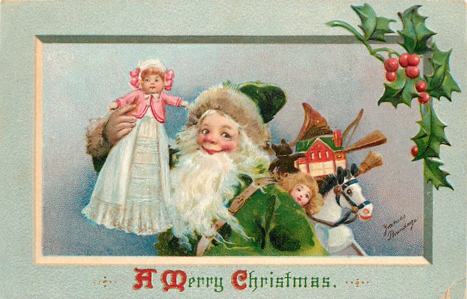 Embossed Christmas Postcard Frances Brundage Green Robe Cherubic Santa Claus 200