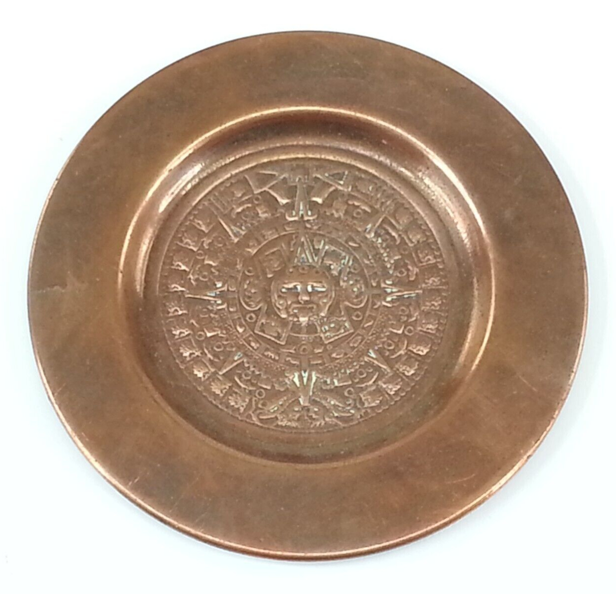 Vintage Copper Miniature 4 in Trinket Charger Aztec Mayan Calendar South America